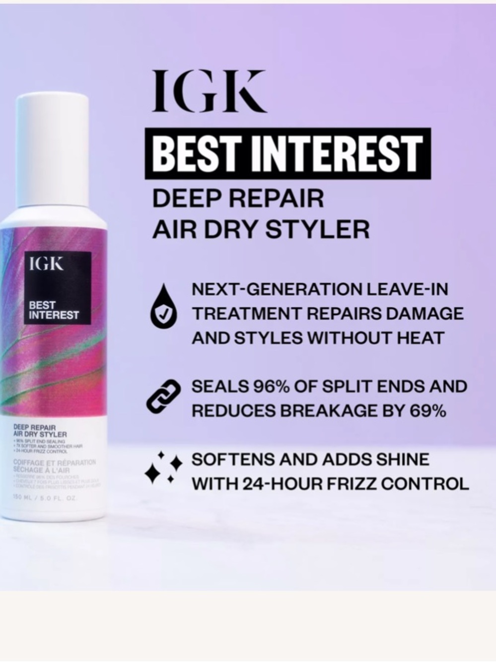 IGK Best Interest Deep Repair Air Dry Styler seal split ends reduce breakage + - Picture 3 of 9